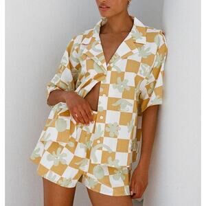 Sabo Short Sleeve Button Up Checkboard Seona Top Yellow Womens Size‎ 4